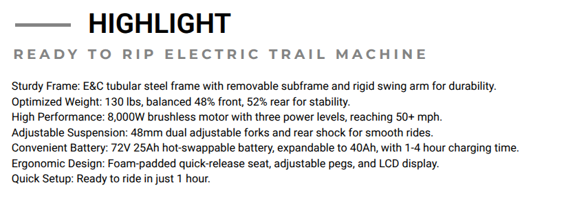 ETM RTR Electric Dirt bike 72V 8KW White