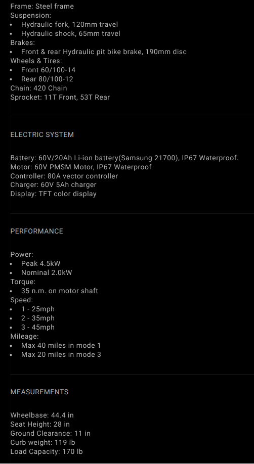 78 Forged Phase I Electric Dirt Bike (In Store only)